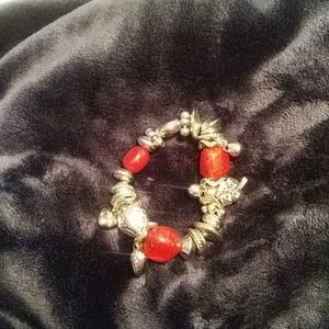 Stretchy Red Silver Charm Bracelet